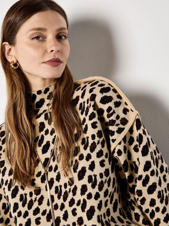 Animal Print Knitted T-Shirt, Stone, large