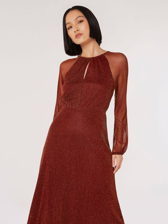 Metallic Sparkle Mesh Maxi Dress, Burgundy, large