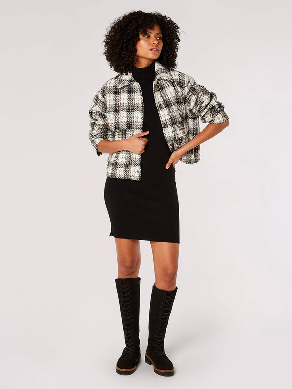 Woven Textured Check Cropped Shacket, Brown, large