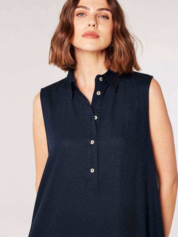 Linen Blend Shirt Maxi Dress, Navy, large
