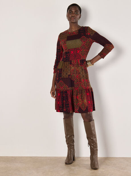Folk Patchwork Jersey Knit Mini Dress