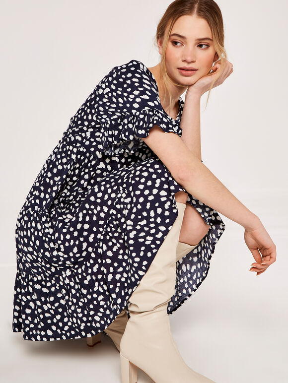 Spot Tiered Mini Dress, Navy, large