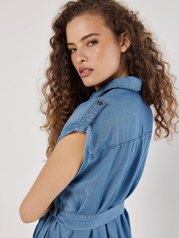 Denim Shirt Mini Dress, Blue, large