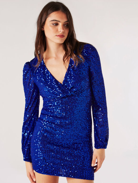 Sequin Wrap Bodycon Mini Dress, Blue, large