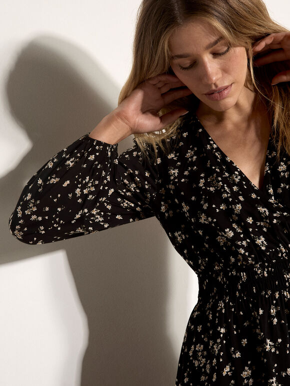 Floral Wrap Mini Dress, Black, large