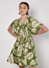 Tropical Leaf Print Satin Mini Dress, Green, large