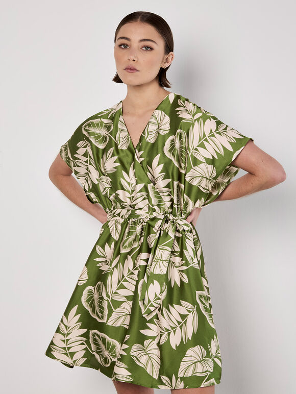 Tropical Leaf Print Satin Mini Dress, Green, large