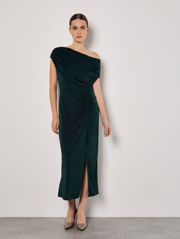 Sheen Jersey Ruched Maxi Dress, Green, large