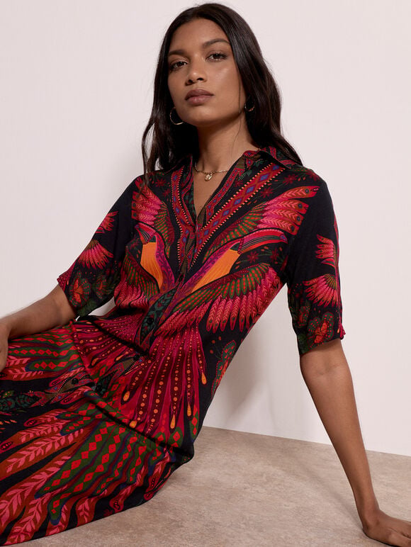 Toucan Tropical Shirt Maxi Dress, Black, large