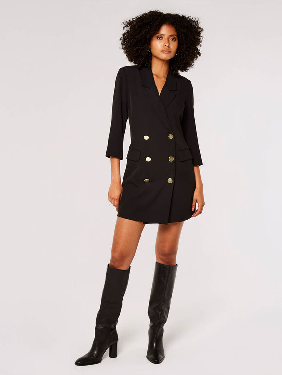 Double-Breasted Blazer Mini Dress, Black, large