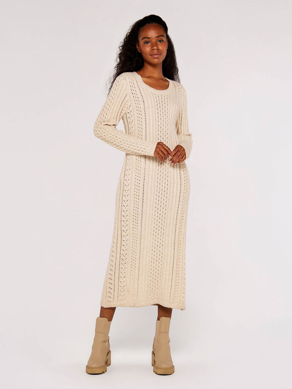 Pointelle Knitted Midi Dress, Cream, large