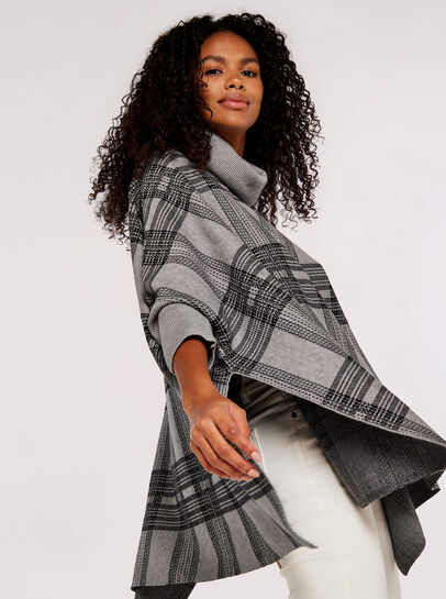 Check Roll Neck Knitted Poncho