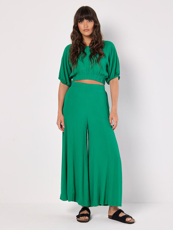 Puff Sleeve Textured Crop Top, Green, large
