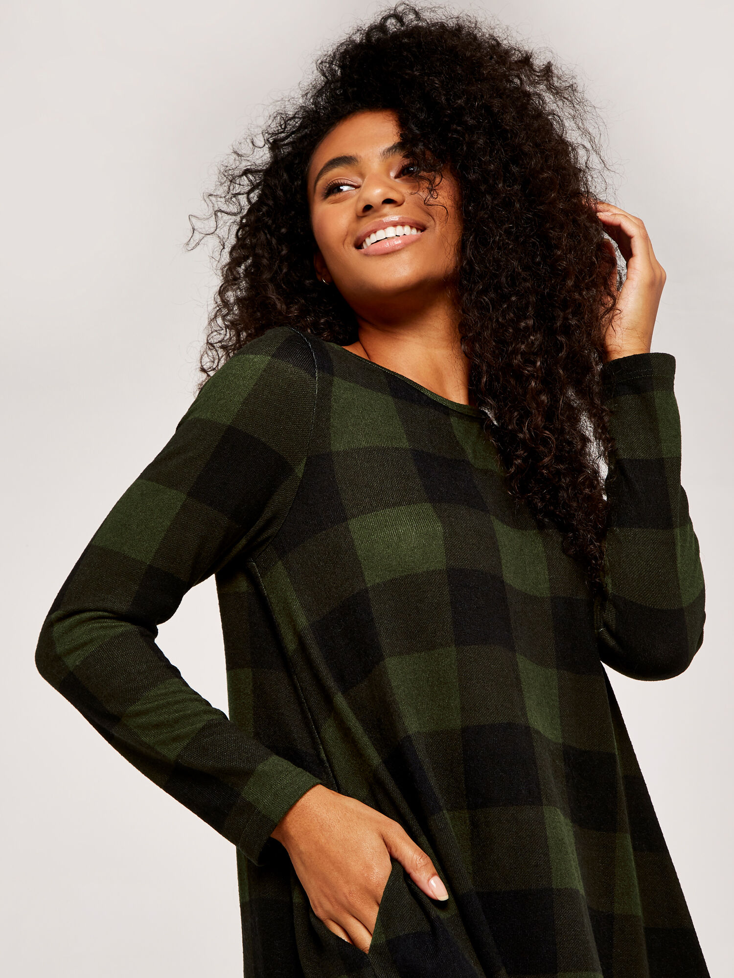 Gingham Long Sleeve Swing Dress Apricot Clothing