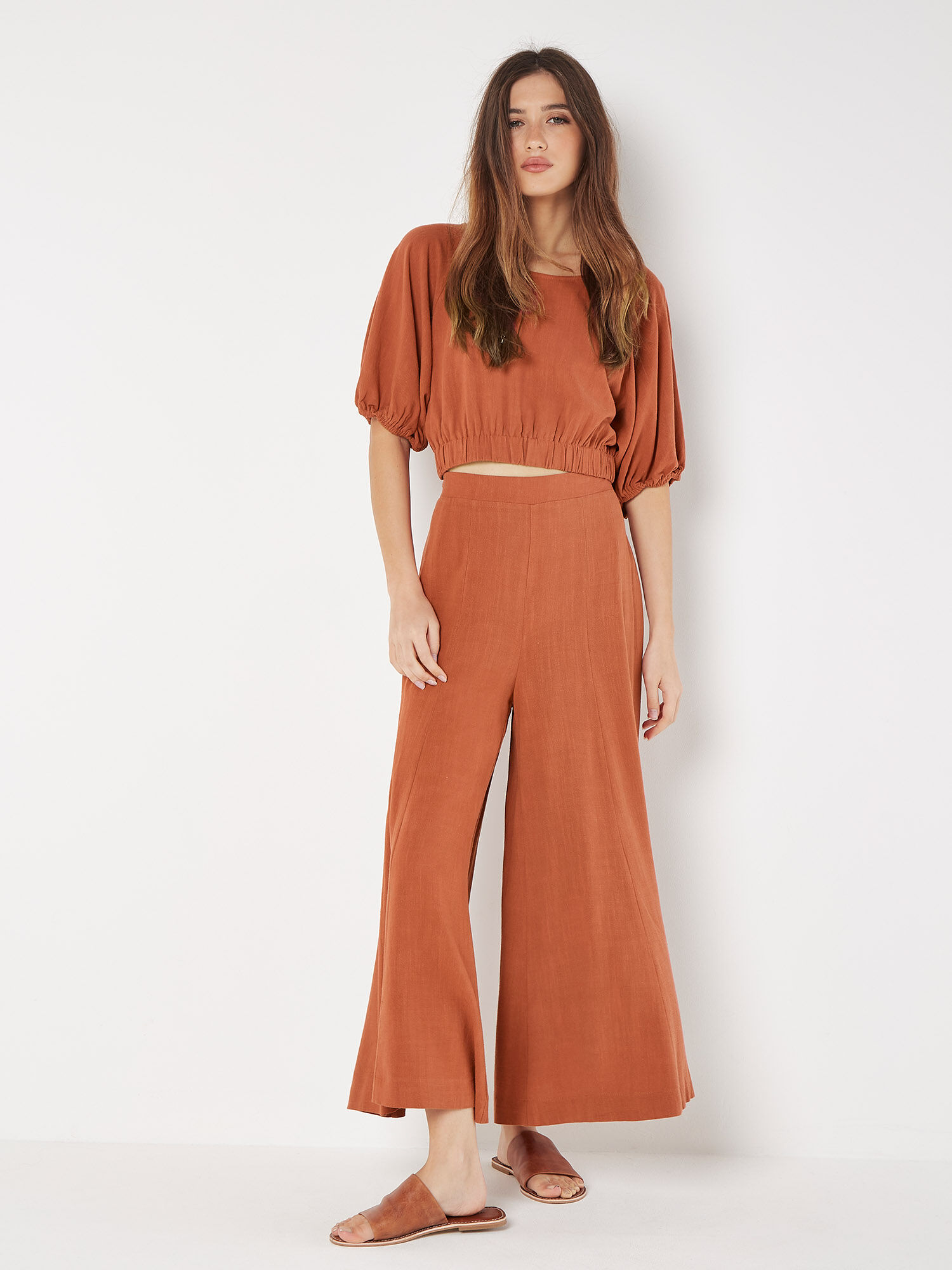 Rust Linen Blend Crop Top Trousers Co ord Apricot Clothing