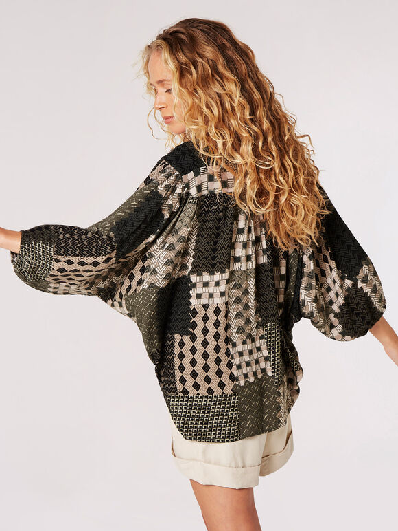 Patchwork Print Oversized Blouse, Khaki, large