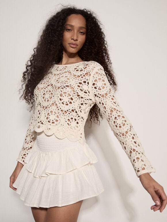 Boho Floral Cotton Crochet Top, Stone, large