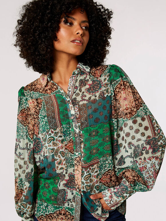 Paisley Patchwork Shimmer Shirt, Green, large
