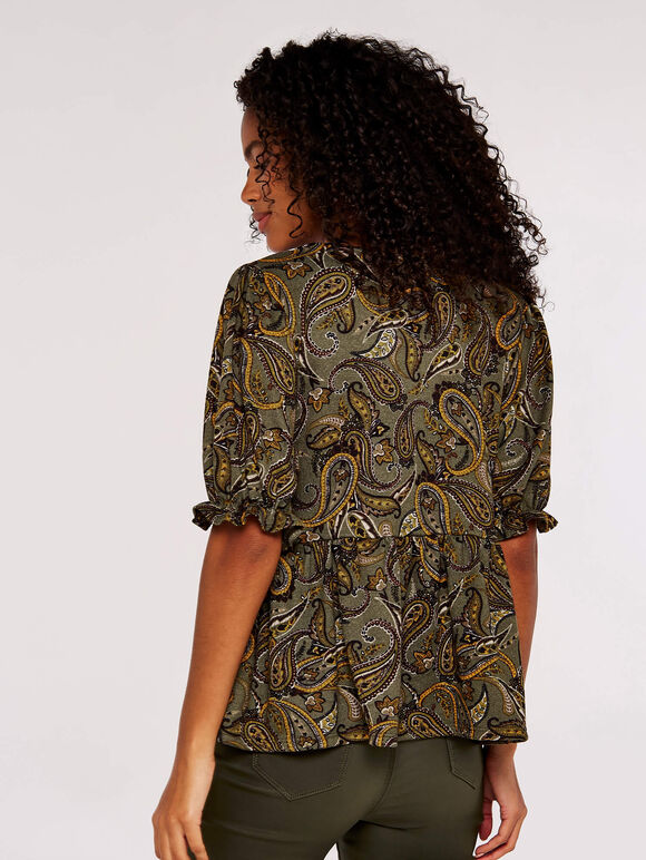 Paisley Billow Sleeve Top, Khaki, large