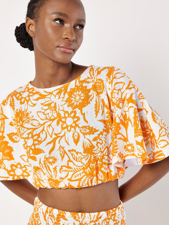 Cotton Floral Print Crop Top, Orange, large