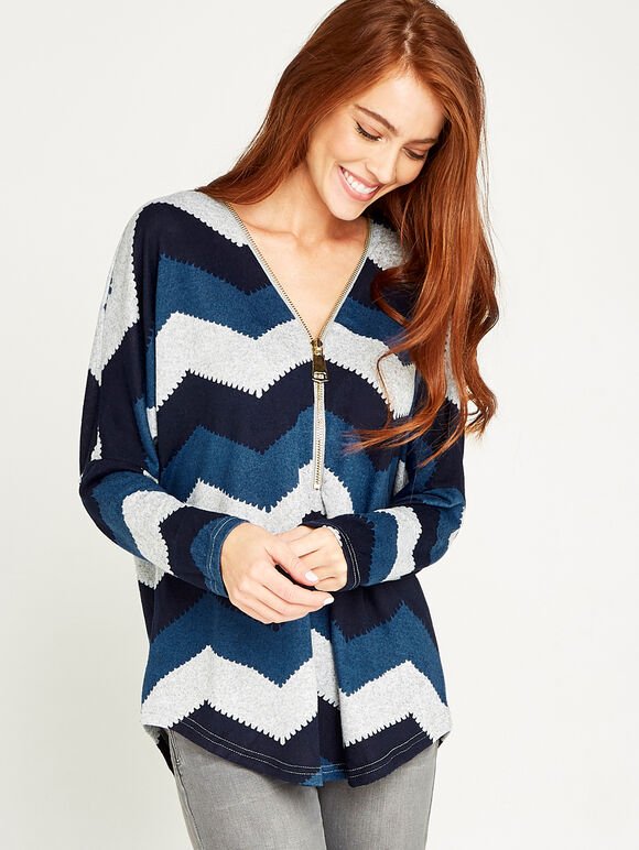 Blue Chevron Big Zipper Top, Blue, large