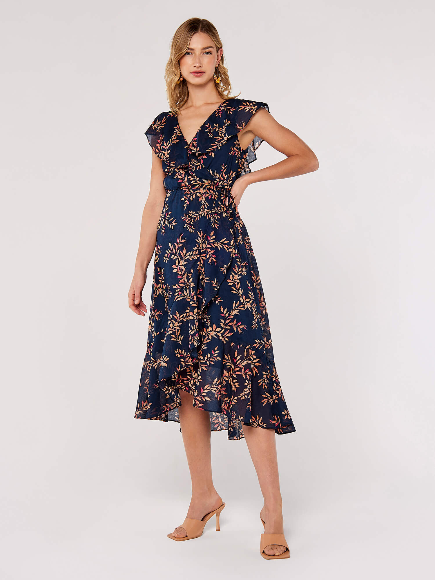 Leaf Ruffle Midi Dress Apricot Clothing