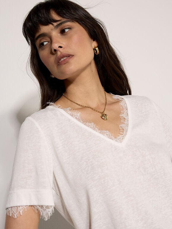 Slub Jersey Eyelash Lace T-Shirt, Cream, large