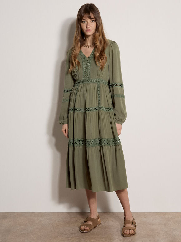 Lace Trim Tiered Midi Dress, Khaki, large