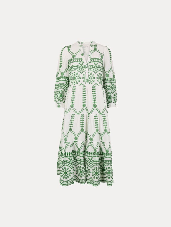 Floral Broderie Anglaise Midi Dress, Green, large