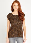 Black Animal Print Turn Up Sleeve Top, Black, large