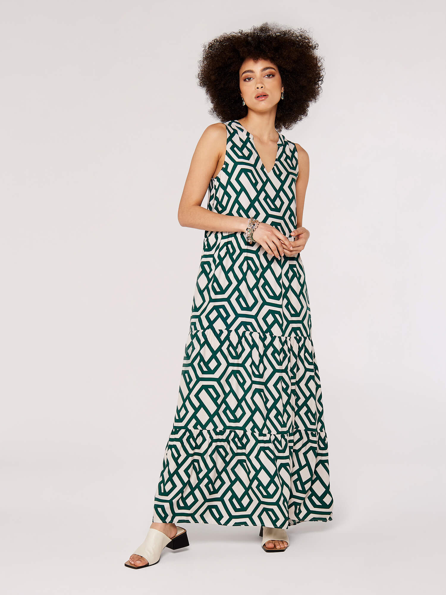 Geometric Tiered Maxi Dress Apricot Clothing
