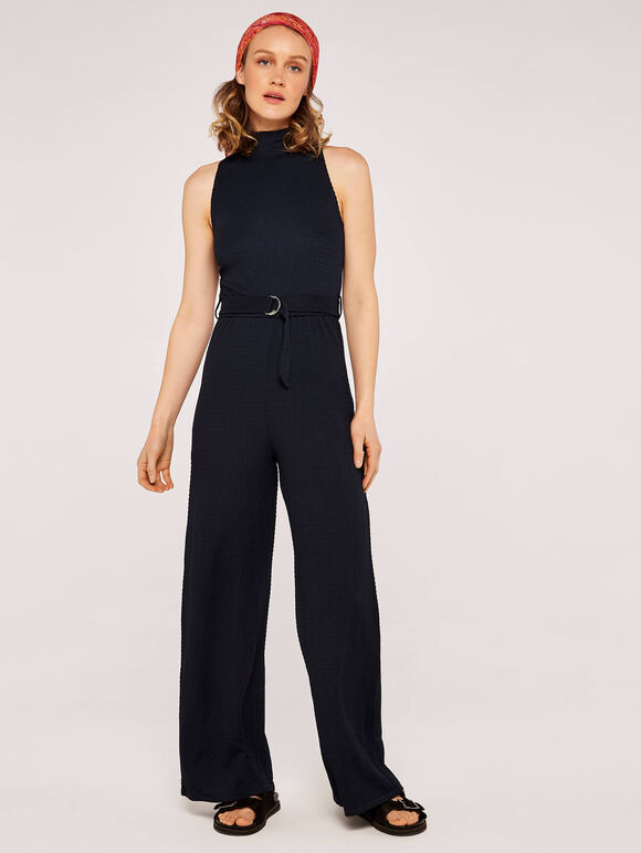 Waffle Halter Neck Jumpsuit, Navy, large