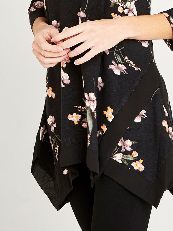 Floral Bunches Hanky Hem Tunic, Black, large