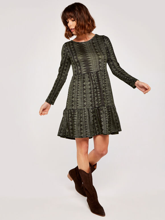 Soft Aztec Stripe Tiered Dress, Khaki, large