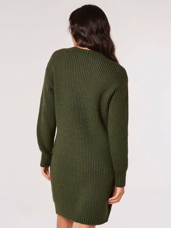 Ribbed Knit Jumper Mini Dress, Green, large