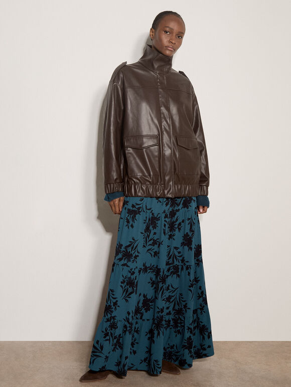 Oversized Faux Leather Jacket, Brown, large