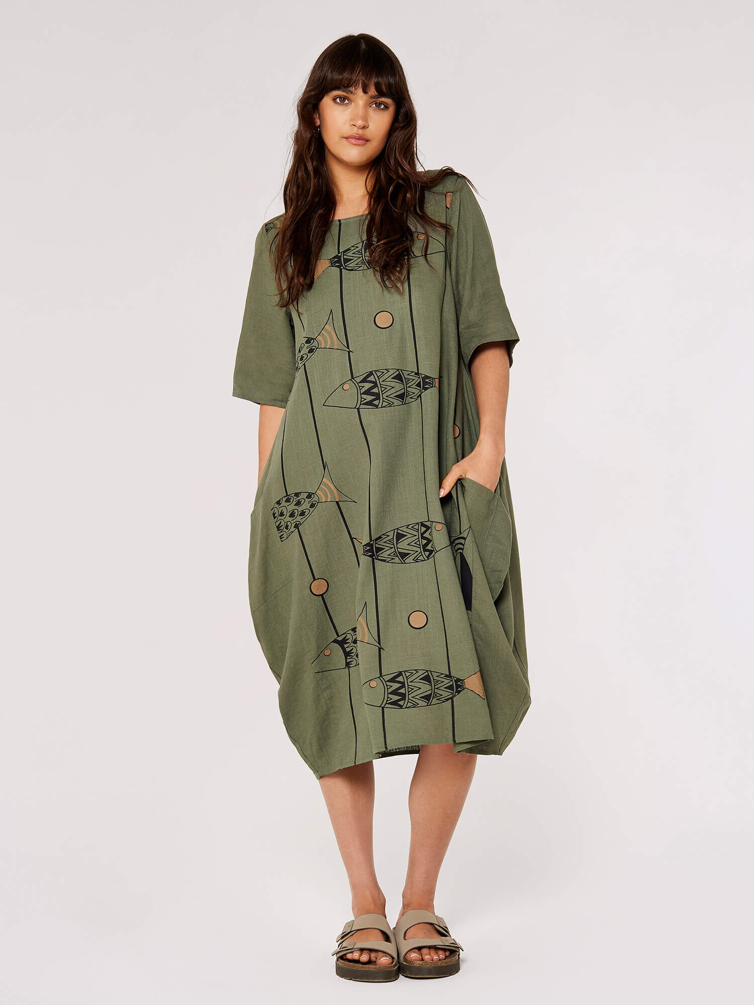 Printed Cocoon Midi Dress Apricot Clothing
