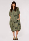 Printed Cocoon Midi Dress, Khaki, large