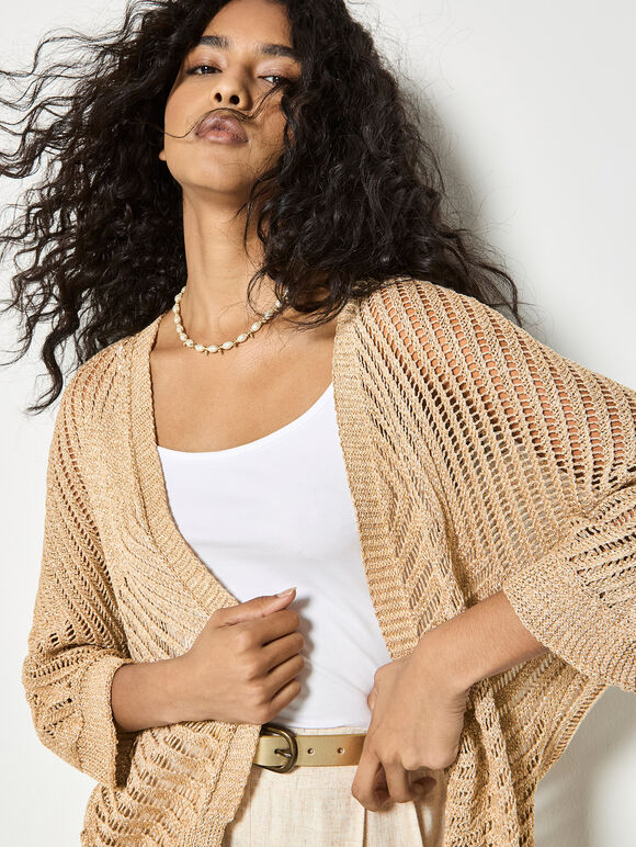 Gold Shimmer Open Knit Cardigan, Mustard, large