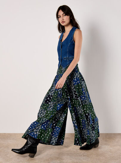 Floral Patchwork Crinkle Wide-Leg Trousers