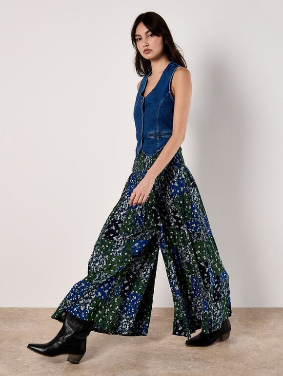 Floral Patchwork Crinkle Wide-Leg Trousers, Navy, large