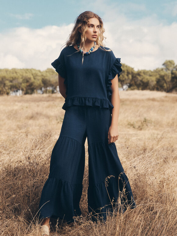 Wide Leg Tiered Trousers, Navy, large
