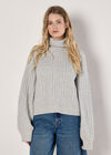Cable Knit Roll Neck Jumper, Grey, large