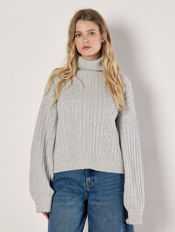Cable Knit Roll Neck Jumper, Grey, large