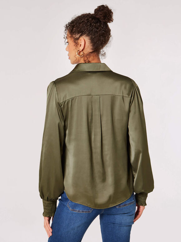 Balloon Sleeve Satin Shirt, Khaki, large