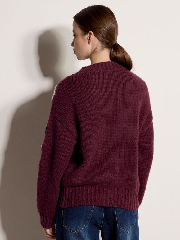 Embroidered Floral Sleeve Chunky Knit Jumper, Burgundy, large