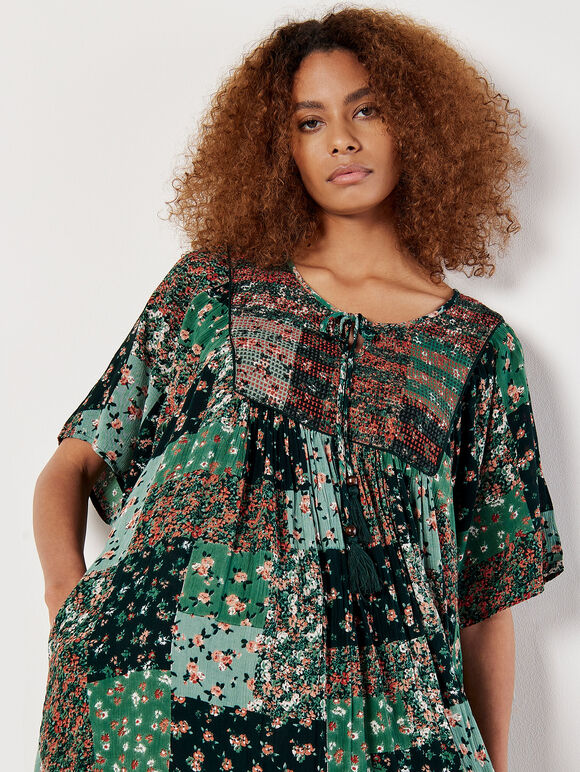 Patchwork Print Crinkle Mini Dress, Green, large