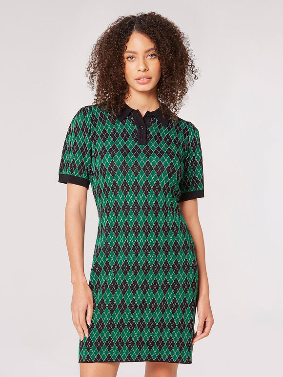Knitted Argyle Mini Dress, Green, large