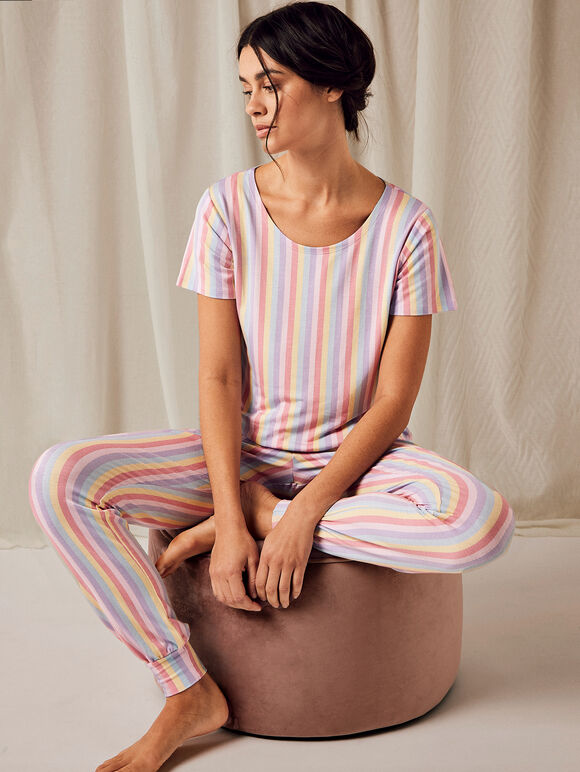 Rainbow Stripe Short Sleeve Top, Pink, large