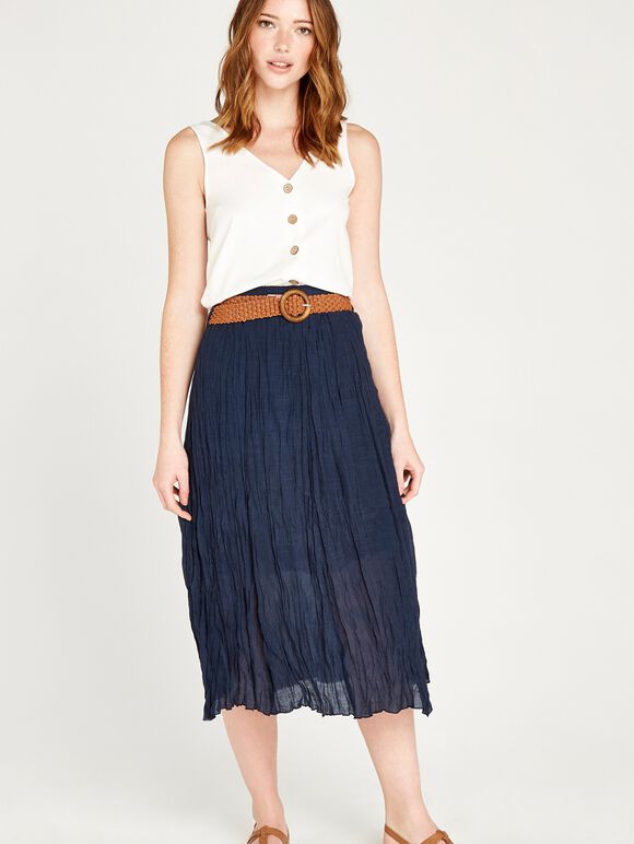 Shimmer Crinkle Belted Skirt, Navy, large